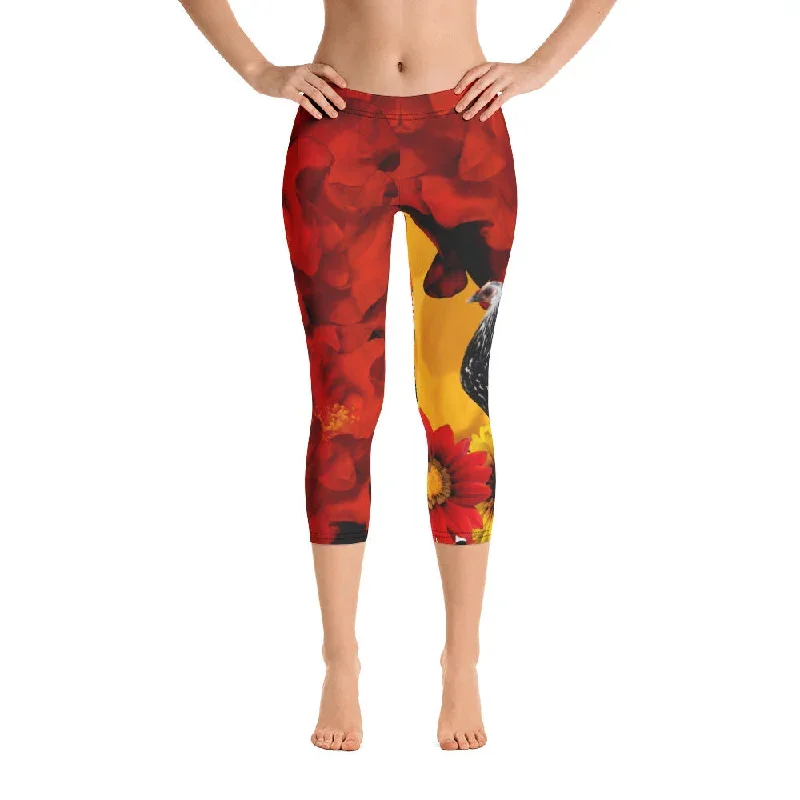 Capri Leggings - Chicken - Flowers - Red Flowers