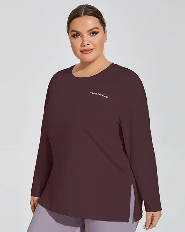 Crew Neck Letter Printed Long Sleeve Side Slit Plus Size Yoga Purple Green Coffee Black XL-4XL