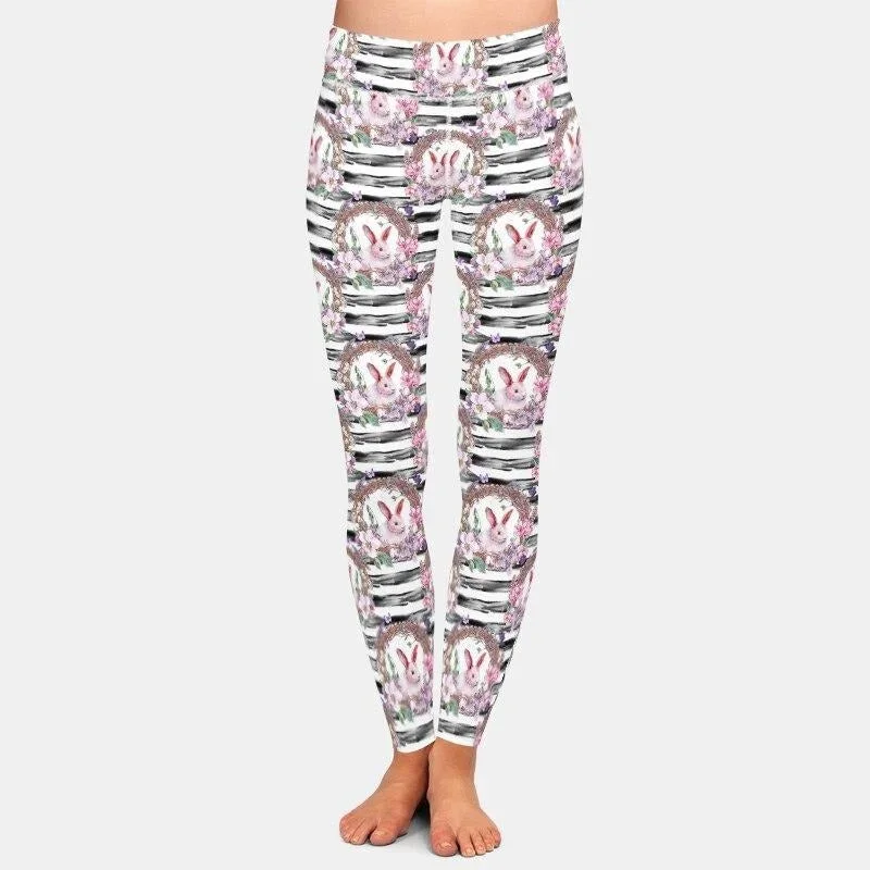 Ladies 3D Happy Easter Patterns With Bunnies Printed Leggings