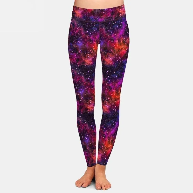 Ladies Beautiful Red/Purple Galaxy Design Leggings