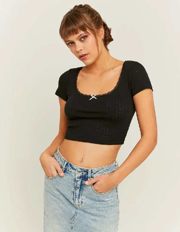 Cropped Black Basic Pointelle T-Shirt