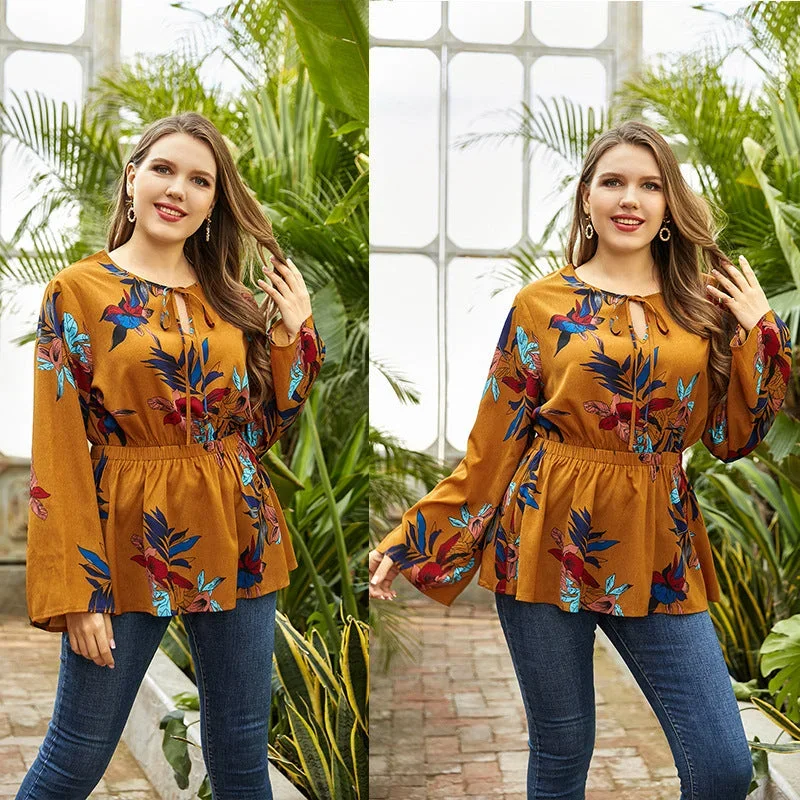 Printed ruffled long-sleeved doll shirt for women