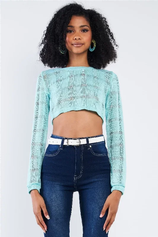 Tiffany Blue Cropped Knit Long Sleeve Sweater