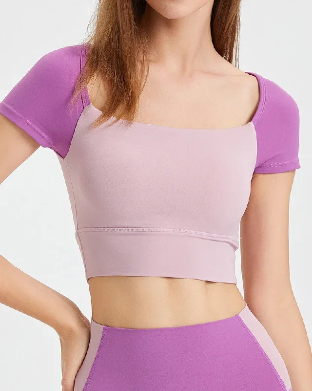 Women Short Sleeve Colorblock Breathable Crop Tops Yoga Tops T-shirt S-XL